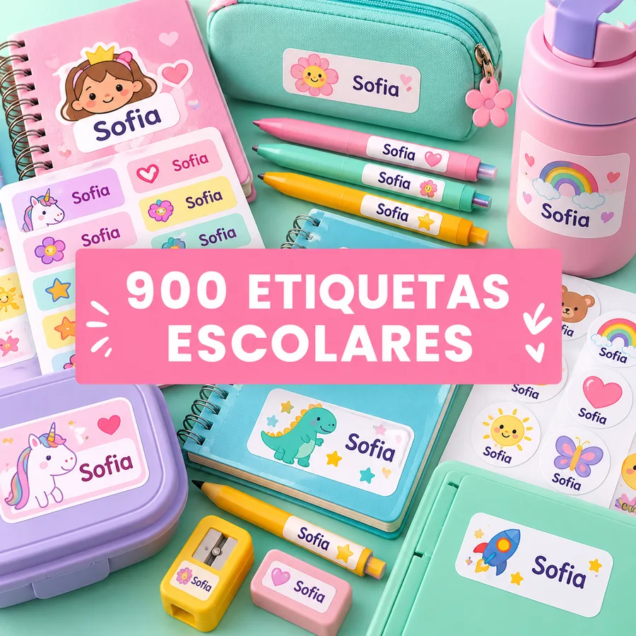 Mockup realista del bono 1 con etiquetas escolares personalizables.