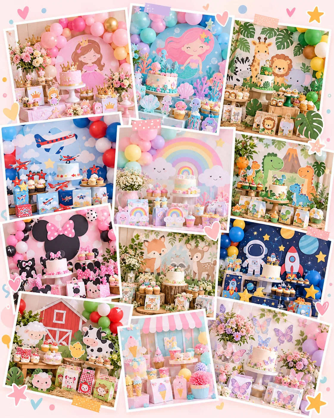 Collage ilustrativo de doce ambientes de fiestas infantiles decoradas: princesa, sirena, safari, dinosaurios, arcoíris, espacio y otras temáticas.
